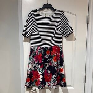Eliza J Black and White Striped Floral Midi Dress